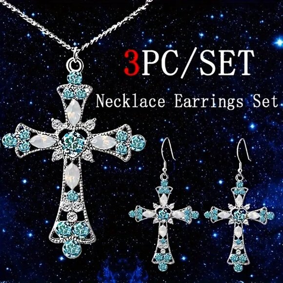 Jewelry - Silver-Tone Cross Necklace and Earring Set